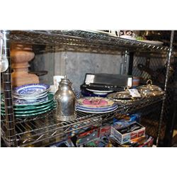 SHELF LOT OF ASSORTED PLATES AND SILVER PLATE SERVING PIECES