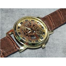 WATCH - NEW - BROWN SKELETON WATCH WITH LEATHER STRAP - WORKING -  SUGGESTED RETAIL $165