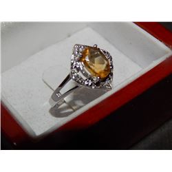 RING - 2.4 CT OVAL CITRINE DINNER RING - STERLING SILVER - SET WITH 4 DIAMONDS - VS CLARITY STERLING