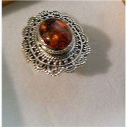 RING - CUSTOM MADE - ORANGE BALTIC AMBER RING - VICTORIAN STERLING SILVER SETTING