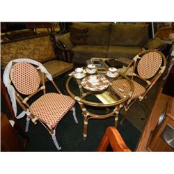 SMALL 3PC BISTRO/PATIO SET - FAUX WICKER GLASS TOP TABLE AND 2 CHAIRS