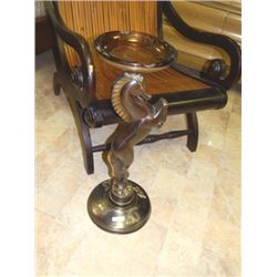 VINTAGE METAL ASHTRAY STAND - EQUESTRIAN MOTIF - WITH AMBER GLASS INSERT - 26" X 10" DIAMETER.