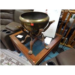 CARVED WOOD PLANT STAND - BRASS POT