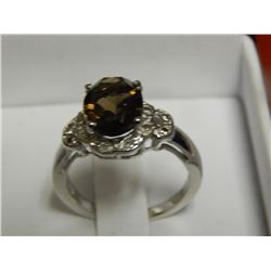 RING - 3.5 CT BROWN TOPAZ & DIAMOND DINNER RING - OVAL CENTER STONE, SET WITH 4 DIAMONDS - INCLUDES 