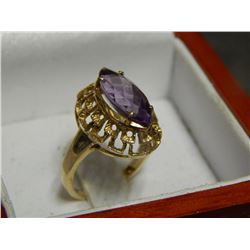 RING - FROM ESTATE STORAGE LOCKER - 14K GOLD FILIGREE DESIGN - WITH MARQUISE CUT AMETHYST SOLITAIRE