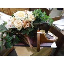 LOT OF FAKE FLOWERS, BOOK END AND PLAQUE