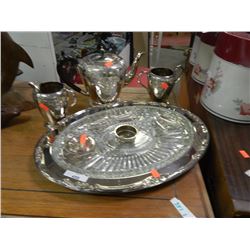 SILVER PLATE TRAY WITH GLASS, CREAM, SUGAR, TEA POT, CANDLE HOLDERS