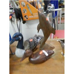 TEAK DOLPHIN & 2 CARVED DUCKS