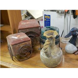 TERA COTA JUG, 3 IRON CANDLE HOLDERS