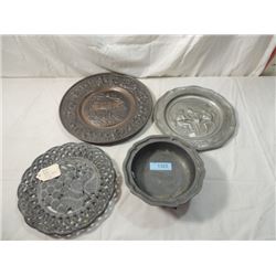 LOT 4 METAL EMBOSSED PLATES, PEWTER PLATE & BOWL