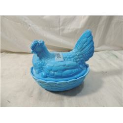 LARGE HEN ON NEST CHICKEN ROOSTER BLUE MILK GLASS