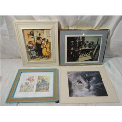 LOT 4 VINTAGE WHIMSICAL FRAMED PICTURES