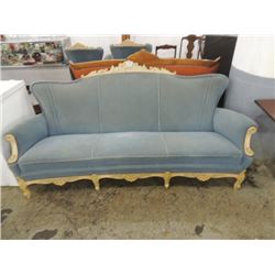 VERY NICE VICTORIAN BLUE VELVET SOFA WOOD TRIM