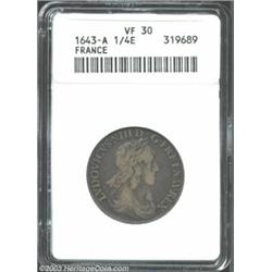 Louis XIII 1/4 Ecu 1643-A Type 2,...