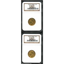 A pair of Napoleon gold 20 Francs as follows:...