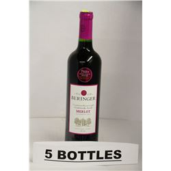 5 BOTTLES OF BERINGER 2012 MERLOT RED WINE