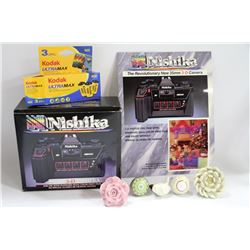 BOX OF MISC INCLUDING NISHIKA 3D 35MM CAMERA,