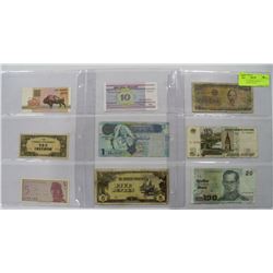 3 SHEETS OF WORLD MONEY - 9 BANK NOTES IN TOTAL