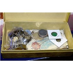 BOX OF CANADIAN&WORLD COINS/PAPER MONEY