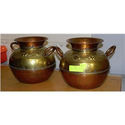 PAIR OF COPPER & BRASS URNS - 9" DIAMETER