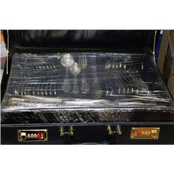LEATHER BRFCASE W/ 84PC S. STEEL+GOLD TRIM CUTLERY