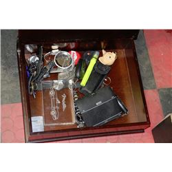 WOODEN BOX WITH MISC. CONTENTS