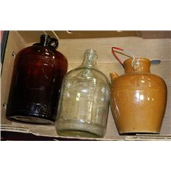 THREE VINTAGE MOONSHINE JUGS & BOTTLES