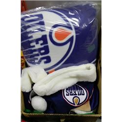 BOX WITH OILERS PILLOW, CHRISTMAS HATS &