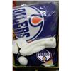 Image 1 : BOX WITH OILERS PILLOW, CHRISTMAS HATS &