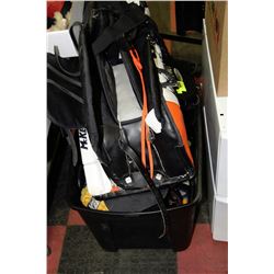 BIN OF GOALIE EQUIPMENT FOR HOCKEY