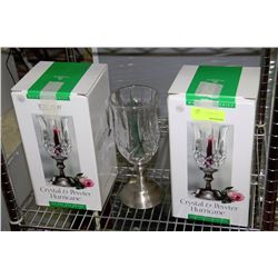 2 CRYSTAL & PEWTER HURRICANE CANDLE HOLDERS
