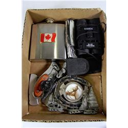 BOX W/FLASK, BELT BUCKLE, BINOCULARS,