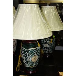 PAIR OF GREEN FLORAL DESIGN PORCELAIN LAMPS
