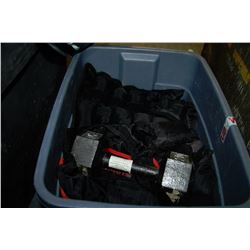 BIN OF 2 ADJUSTABLE WEIGHTED VESTS + 20LB DUMBELL