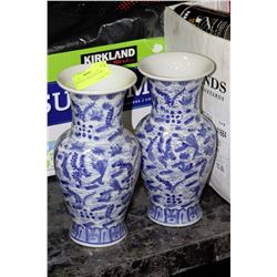 PAIR OF BLUE AND WHITE VASES - 12"