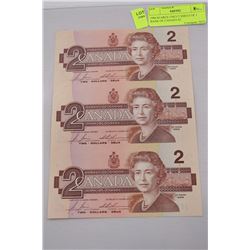 1986 SCARCE UNCUT SHEET OF 3 BANK OF CANADA $2