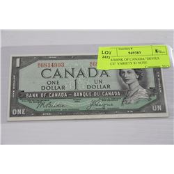 1954 BANK OF CANADA "DEVILS FACE" VARIETY $1 NOTE