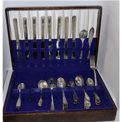 ESTATE WOODEN CASE WITH SILVERWARE