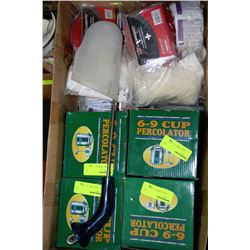 BOX W/ PERCOLATORS AND EMERGENCY FIRST AID PACKS