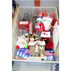 CLEAR BIN W/NEW CHRISTMAS DECORATIONS