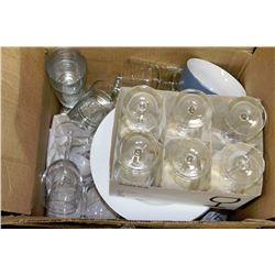 BOX OF PLATES + GLASSES ETC.