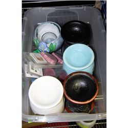 CLEAR BIN OF WAX BURNERS AND SUPPLIES