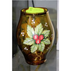 HAND PAINTED AMBER ART GLASS VASE