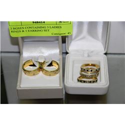 2 BOXES CONTAINING 3 LADIES RINGS & 1 EARRING SET