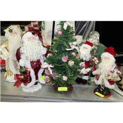 COLLECTION OF 4 SANTA ORNAMENTS & 1 TREE