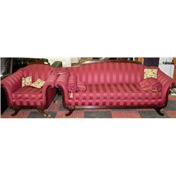 ANTIQUE BURGUNDY COUCH (78") AND CHAIR (36")