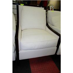 BROWN WOOD AND WHITE FABRIC ACCENT CHAIR