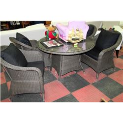 GLASSTOP PATIO TABLE AND 4 WICKER PATIO CHAIRS