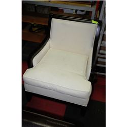 BROWN WOOD AND WHITE FABRIC ACCENT CHAIR