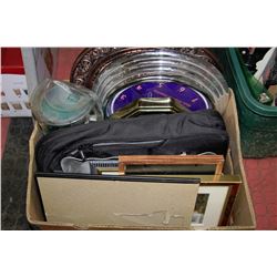 BOX OF TRAYS, PICS AND CLOCKS